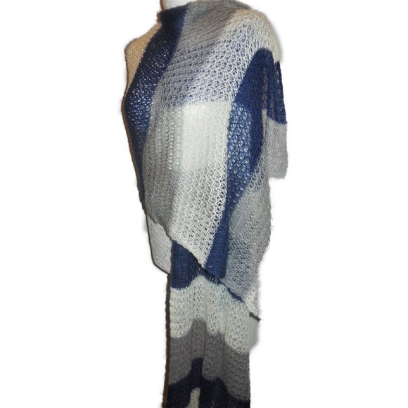 Scarf Knit Stripe White Blue Lurex Long winter - Picture 1 of 8